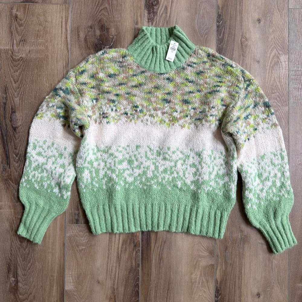 Aerie NWT Sage‎ Green Fair Isle Chunky Knit Wool Blend Mock Neck Sweater M Cabin